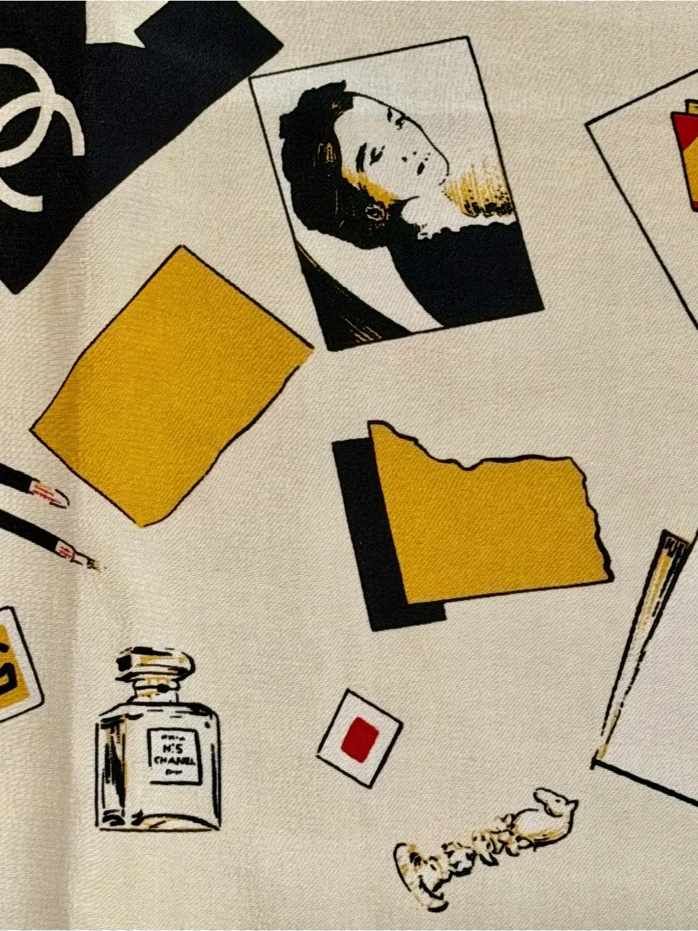CHANEL Cream Silk Scarf with Red, Black & Yellow Motifs